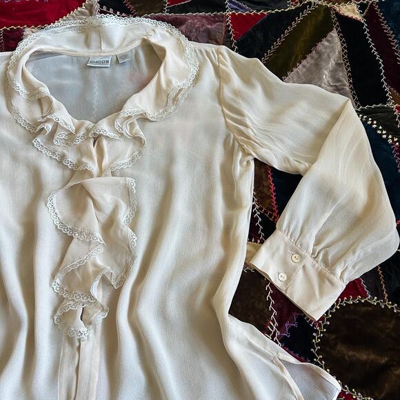 Vintage 90s/Y2K Taupe Blush Sheer Silk Chiffon Ruffled Romantic Blouse S M - Picture 1 of 6